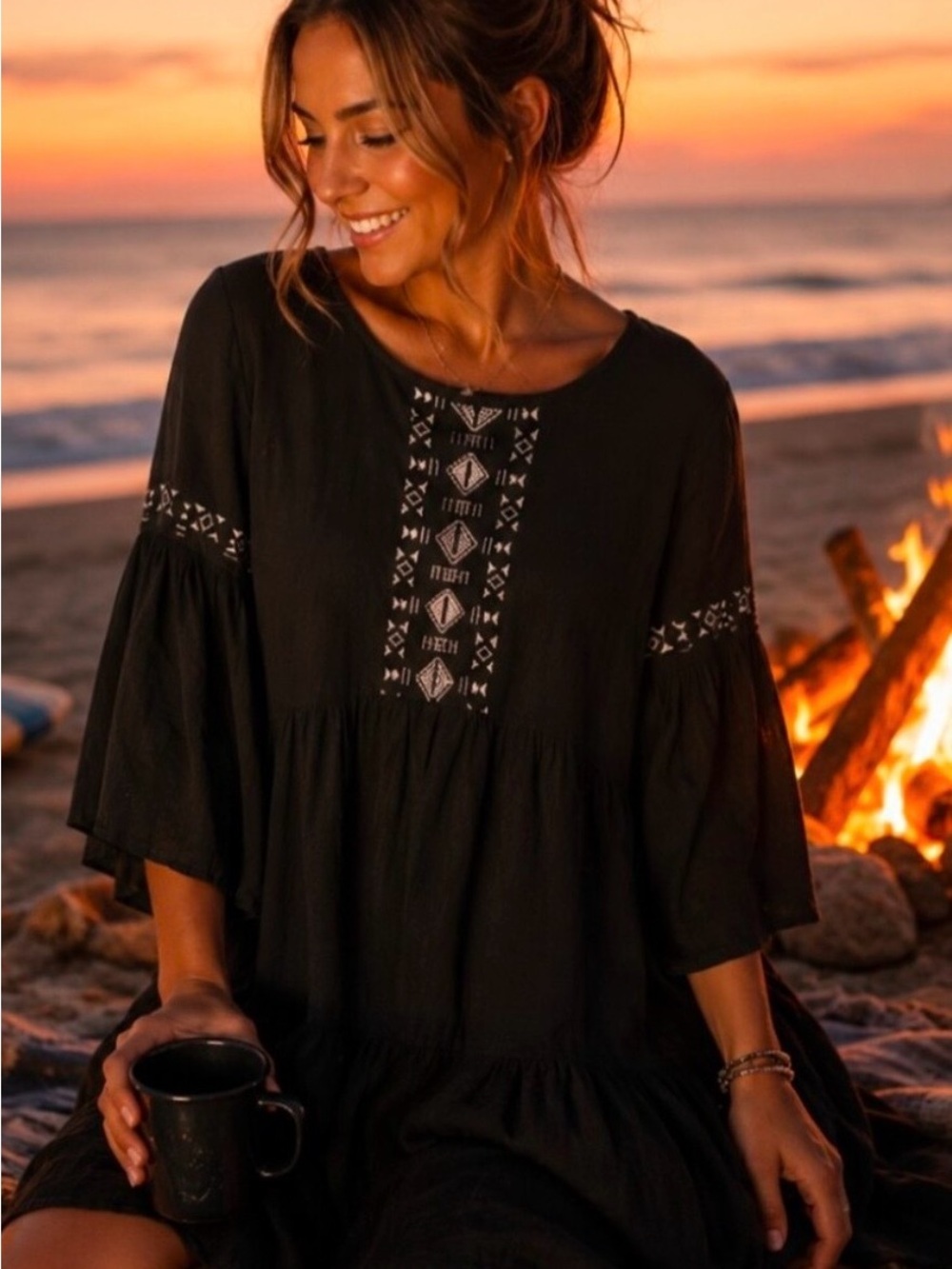 Boho Embroidered Black Peasant Top